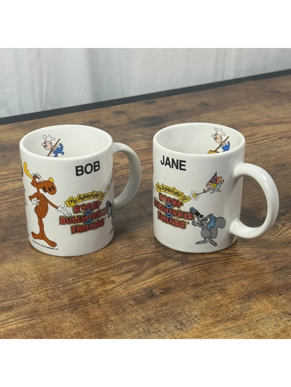 Vintage 1991 Rocky & Bullwinkle Universal Studios Mugs Set BOB & JANE Named